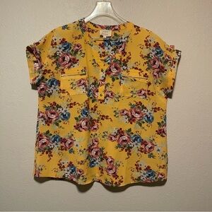 Flower & Feather, Women’s Yellow Floral Print Blouse V-Neck Shortsleeved 2XL
